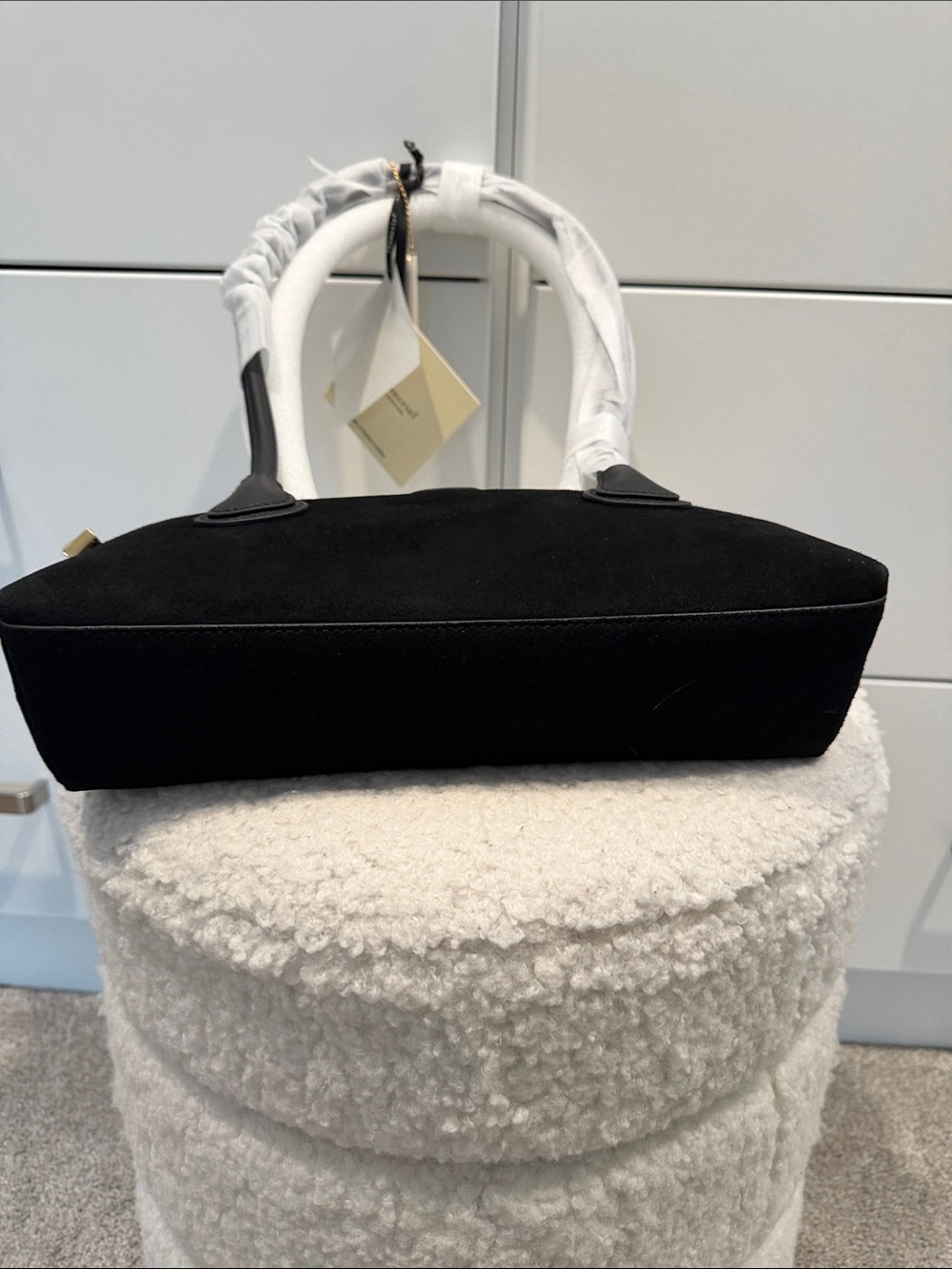 Black Suede Dome Shoulder Bag with Gold Hardware - Picture 3 of 6